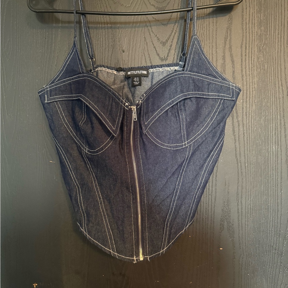 Women's Denim Bustier Crop Top Zip Front Spaghetti Strap Jean Cami Tank Tops